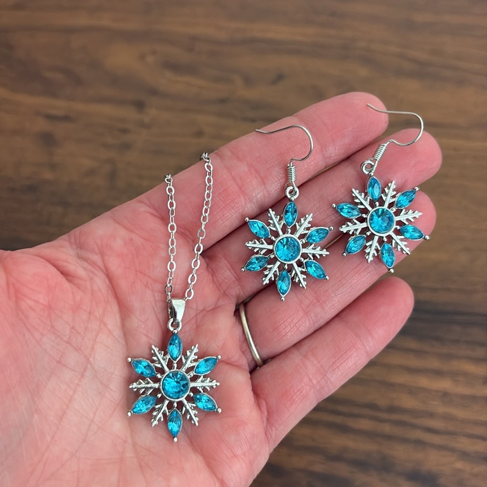 Winter Blue Snowflake Necklace and Matching Earrings